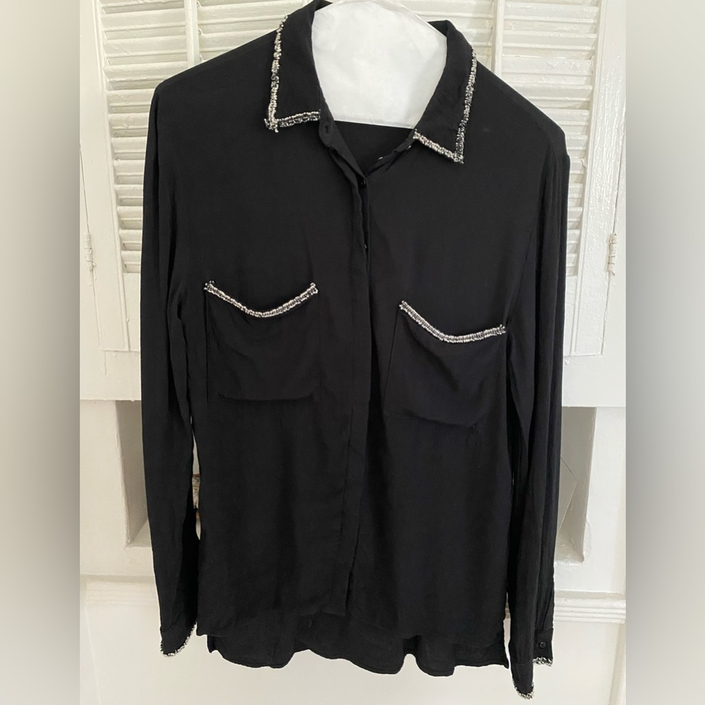 ZARA Black Button Up Blouse with Embroidered Trim - Size Small